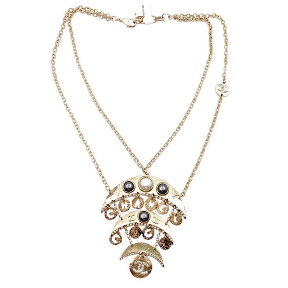 Chanel Brand New Gold CC Moon Crystal Faux Pearl Chain Necklace - Picture 1 of 4